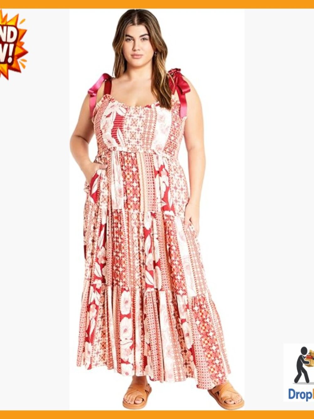 Plus Size Maxi Dress with Cosmopolitan Print Tie-Up Straps Tiered Skirt